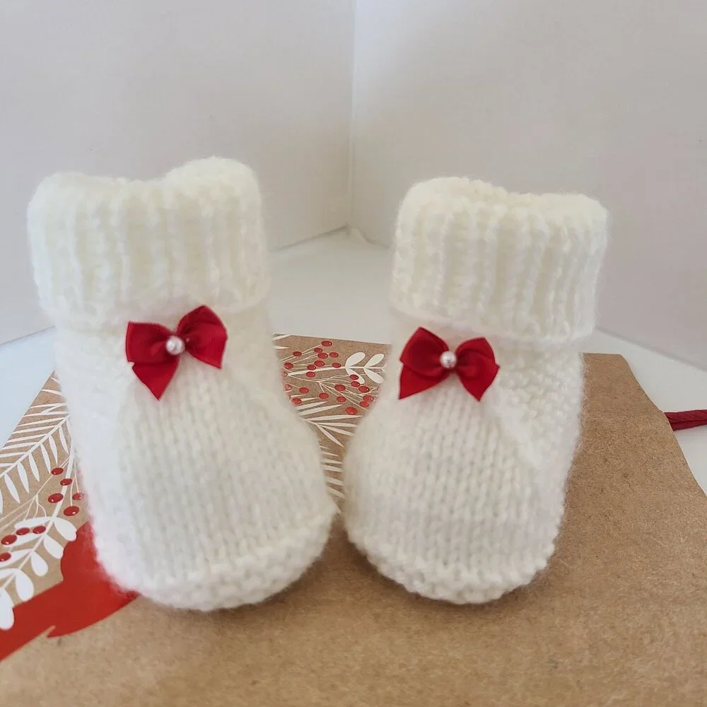 Cute Baby Booties Knit Baby Boots Baby Shower Booties White Size 0-3 Months